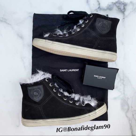 Saint Laurent Rivington logo black suede and fur high-top sneaker IT 37.5 US 7.5 - Picture 14 of 16
